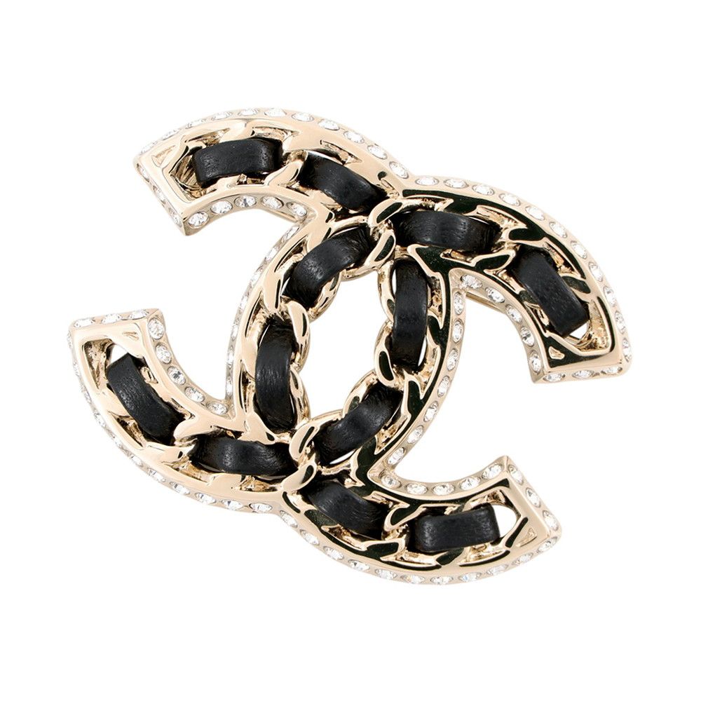 Chanel Brooch CC Logo Chain Motif Rhinestone Leather