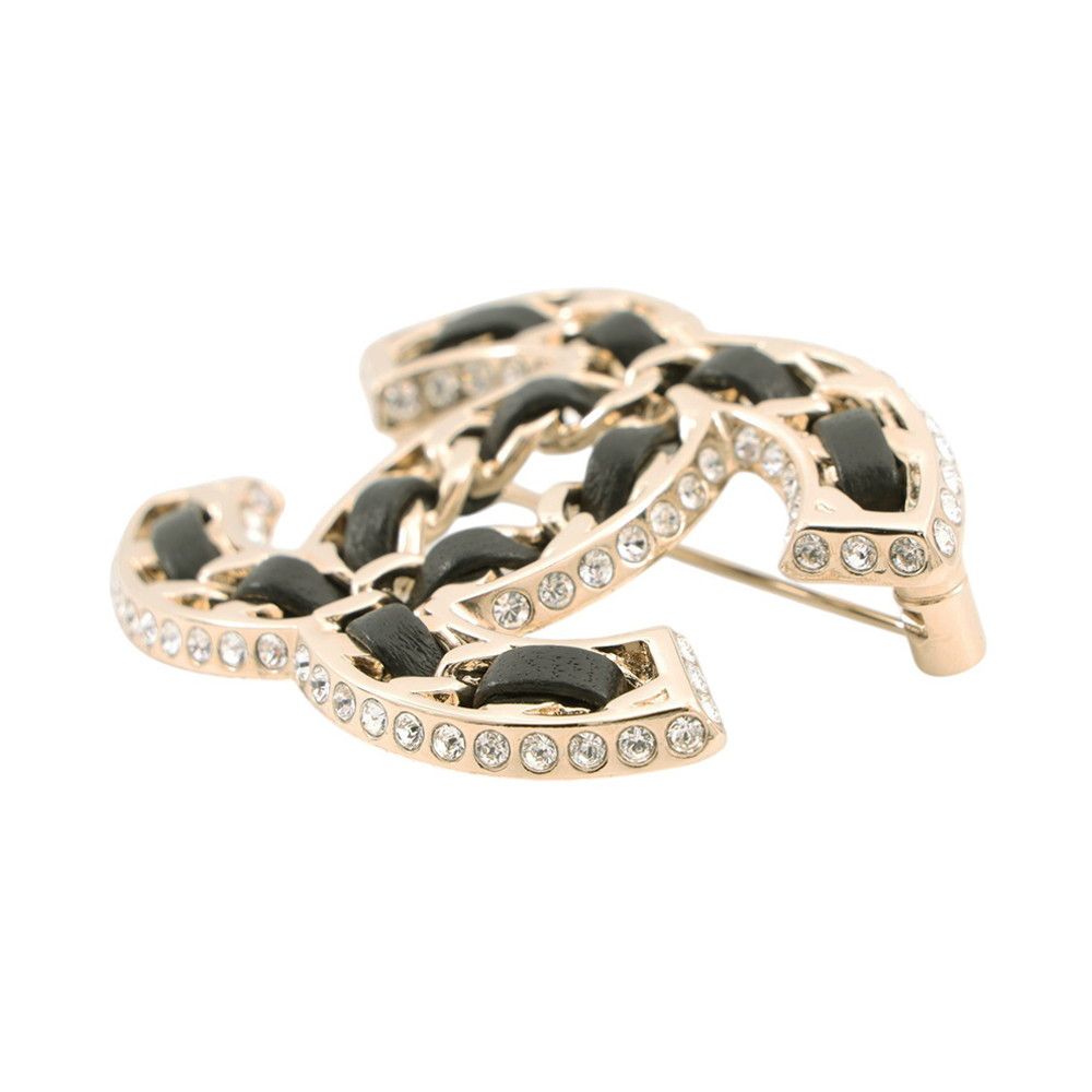 Chanel Brooch CC Logo Chain Motif Rhinestone Leather — view 2