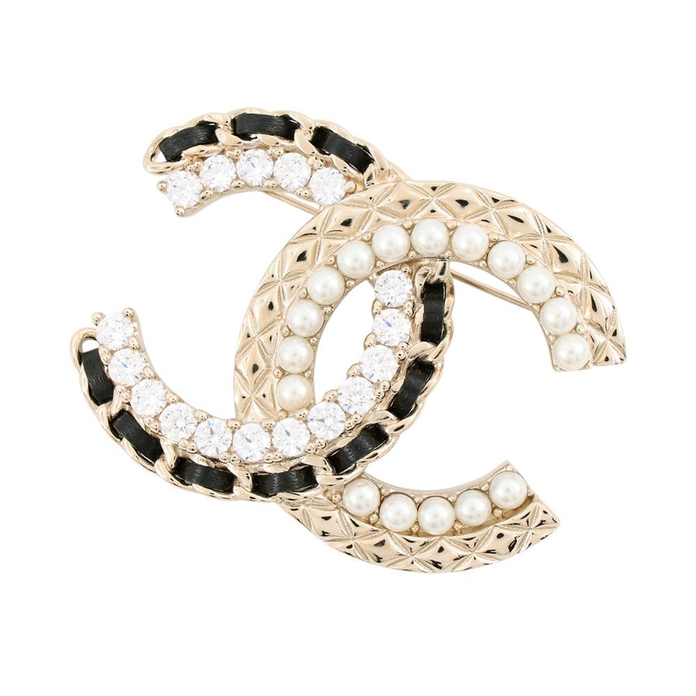Chanel Brooch CC Logo Rhinestone Faux Pearl Lambskin