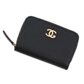 Chanel Coin Case CC Logo Apple Motif Zip Purse Goatskin Wallet Black