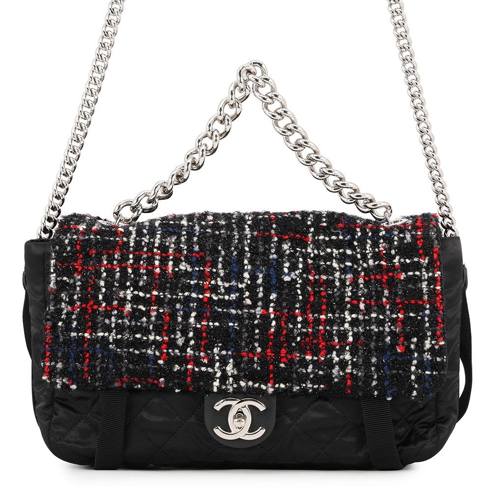 Chanel Chain Shoulder Bag CC Logo Tweed Nylon Black