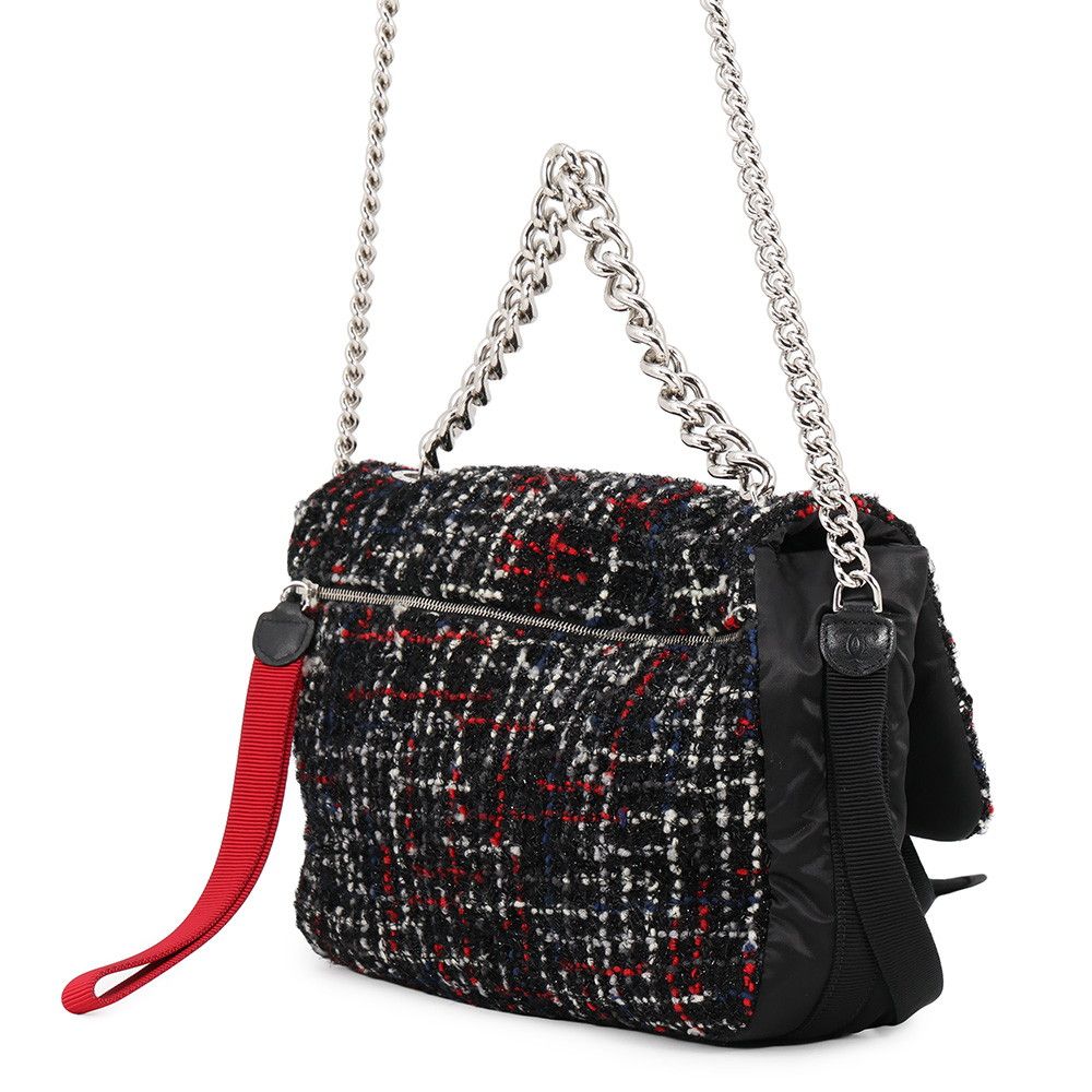 Chanel Chain Shoulder Bag CC Logo Tweed Nylon Black — view 2