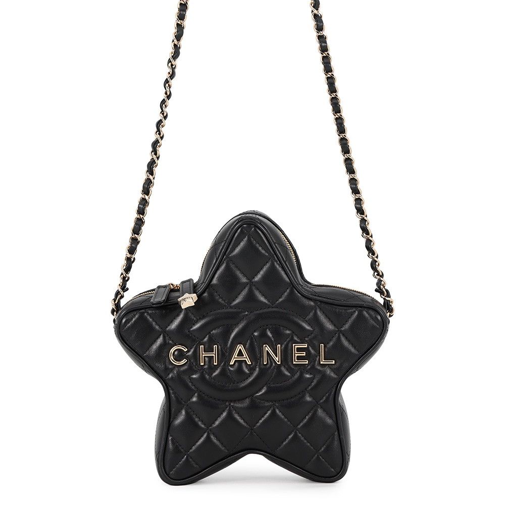 Chanel Chain Shoulder Bag Quilted CC Logo Star Lambskin Black