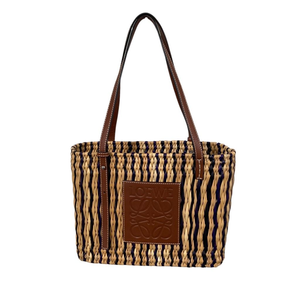 Loewe Anagram Square Raffia Basket Tote Natural Black