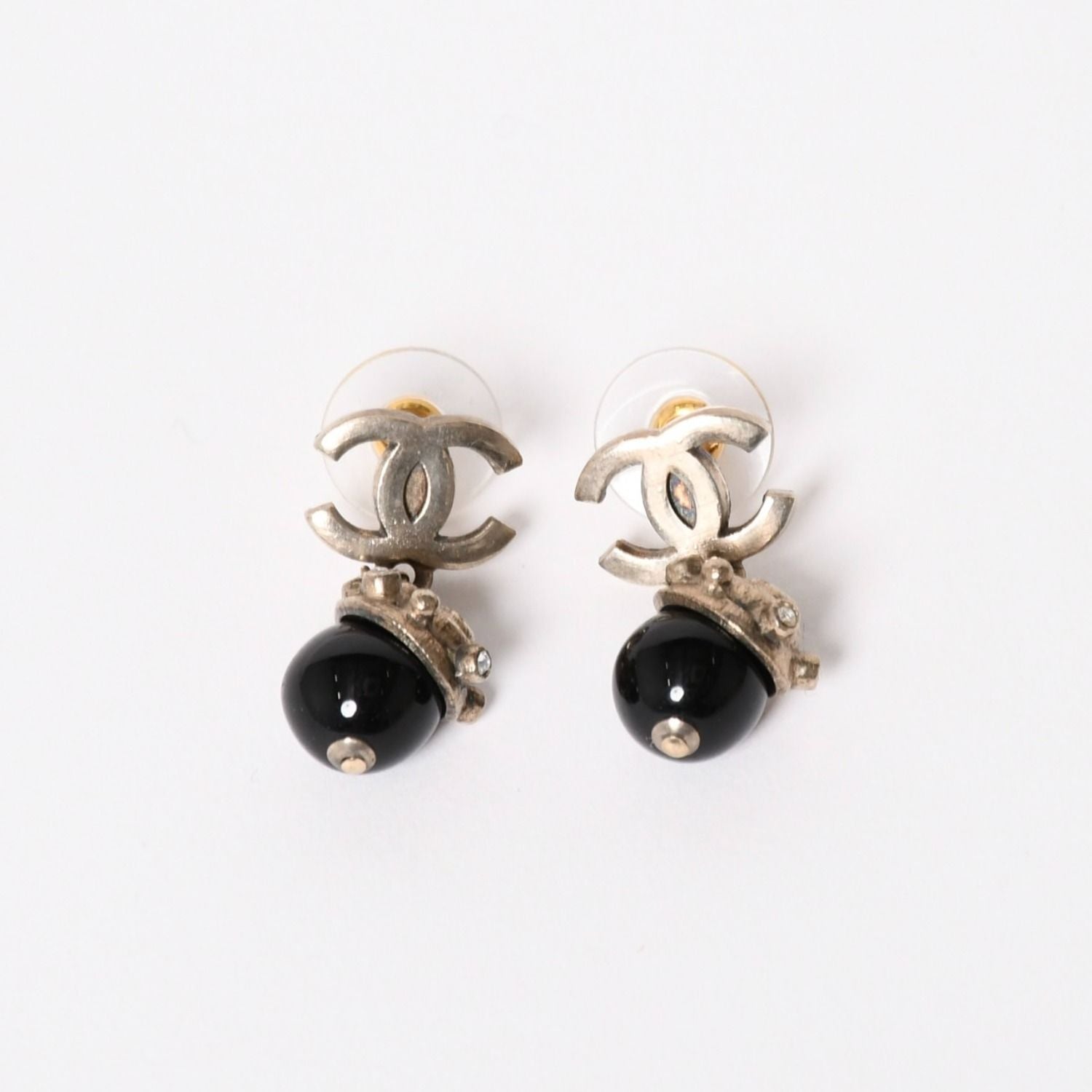 Chanel CC Logo Swing Ball Earrings 05 Resin Rhinestone Black Silver