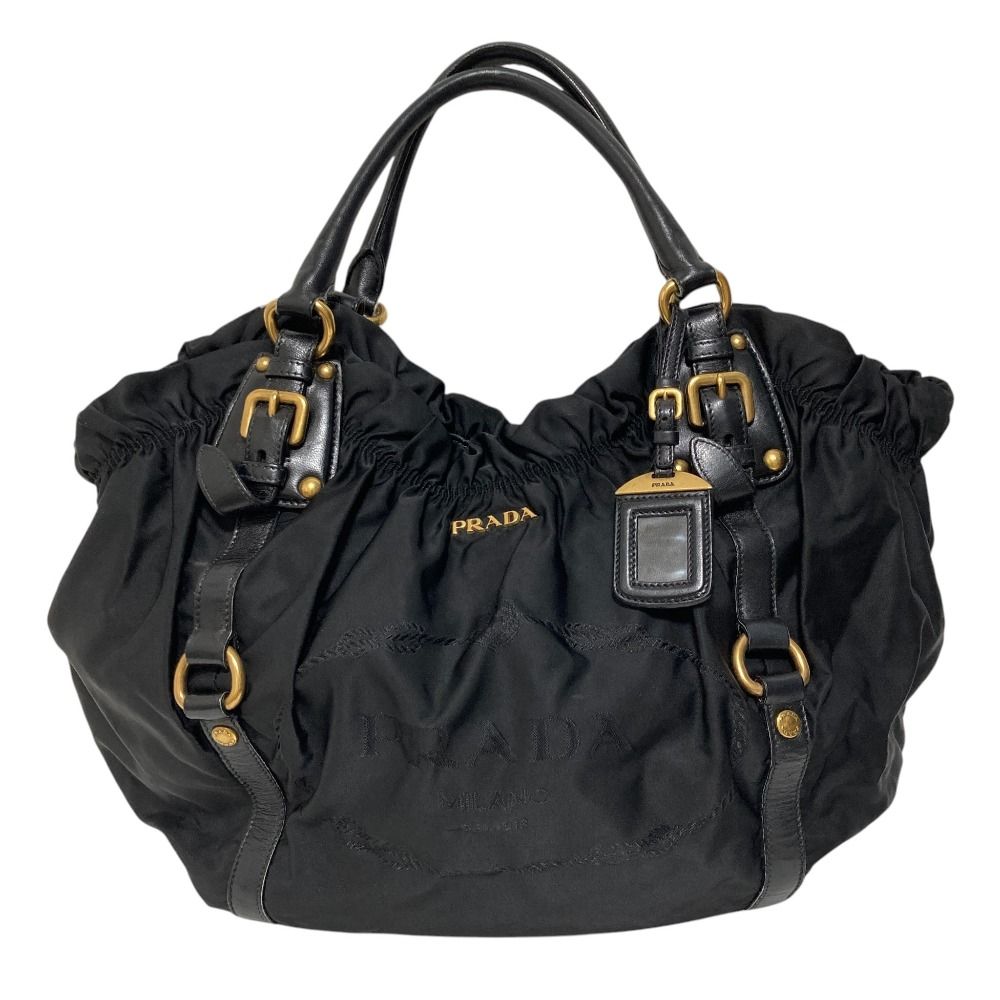 Prada Logo Jacquard Gathered Nylon Tote Black