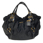 Prada Logo Jacquard Gathered Nylon Tote Black