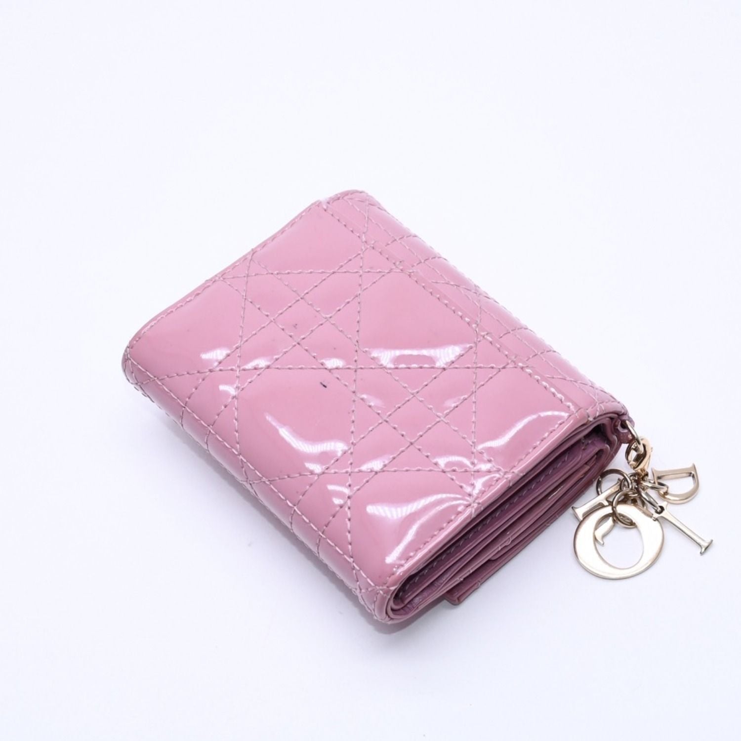 Dior Lady Lotus Wallet Patent Calfskin Cannage Pink Trifold — view 5