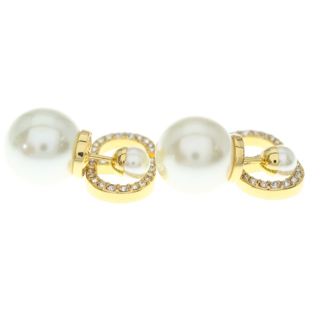 Dior CD Logo Earrings Rhinestone Pearl White Gold — view 4
