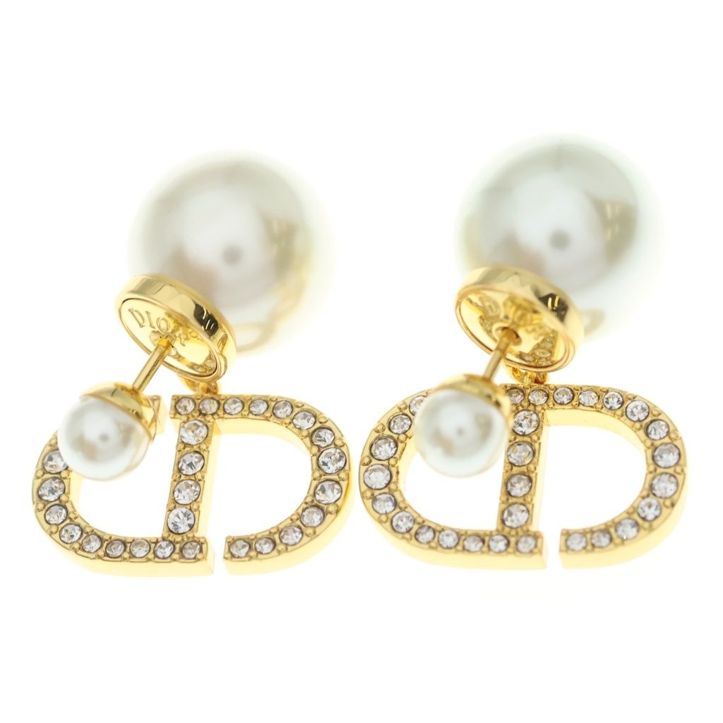 Dior CD Logo Earrings Rhinestone Pearl White Gold