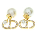 Dior CD Logo Earrings Rhinestone Pearl White Gold
