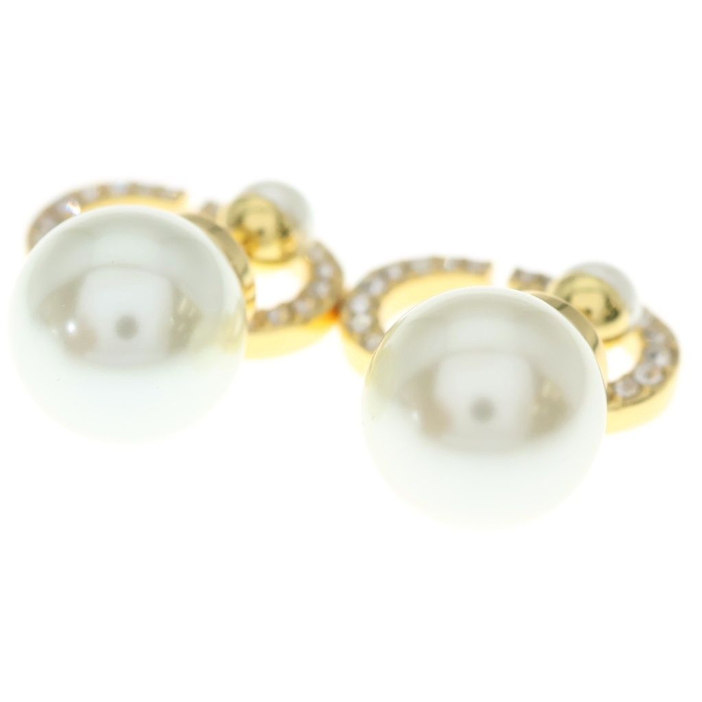 Dior CD Logo Earrings Rhinestone Pearl White Gold — view 2