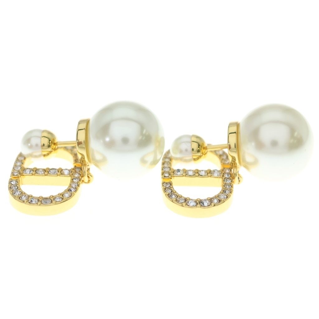 Dior CD Logo Earrings Rhinestone Pearl White Gold — view 3