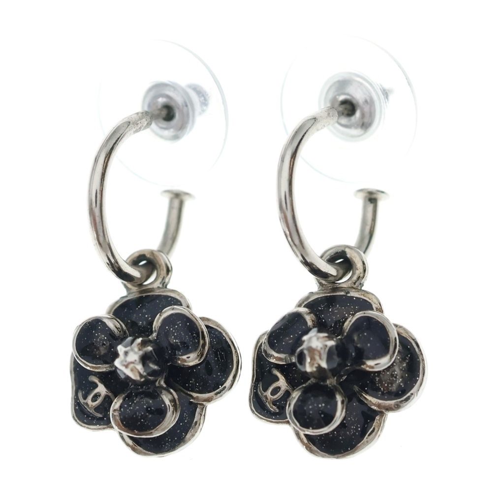 Chanel Camellia Earrings Silver Black