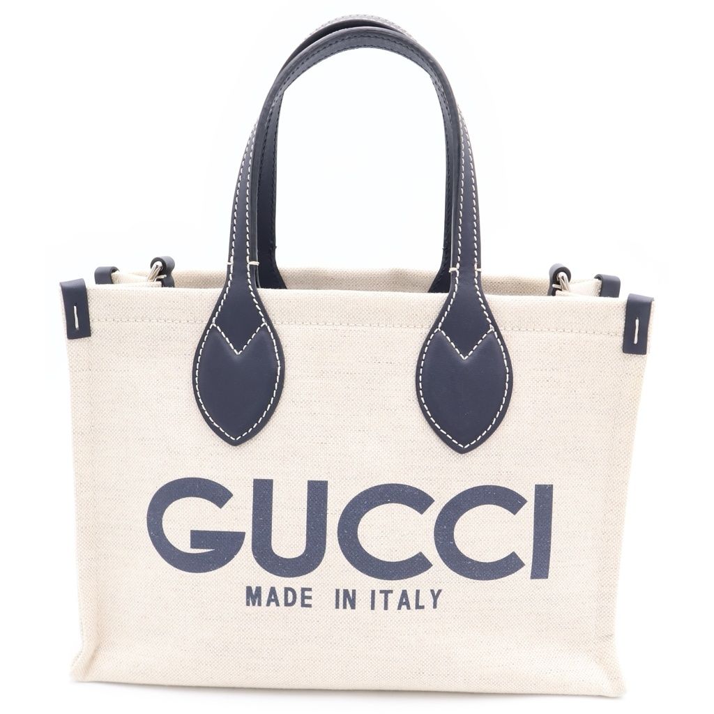 Gucci Logo Tote Eye Navy Leather Canvas Silver