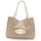 Gucci GG Puri Tote White Beige Leather Canvas Gold