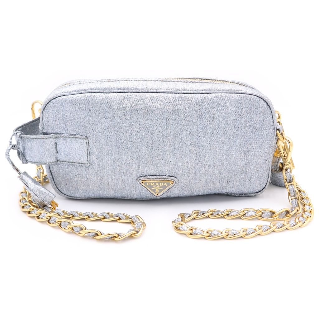 Prada Trianglelogo 2-Way Shoulder Bag Pouch Silver Gold