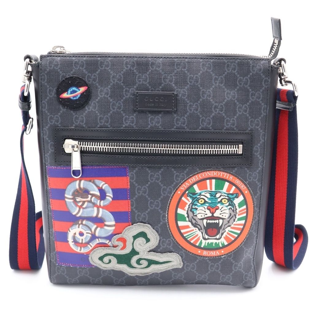 Gucci GG Puri Tiger Patch Messenger Bag Black Canvas Leather Silver