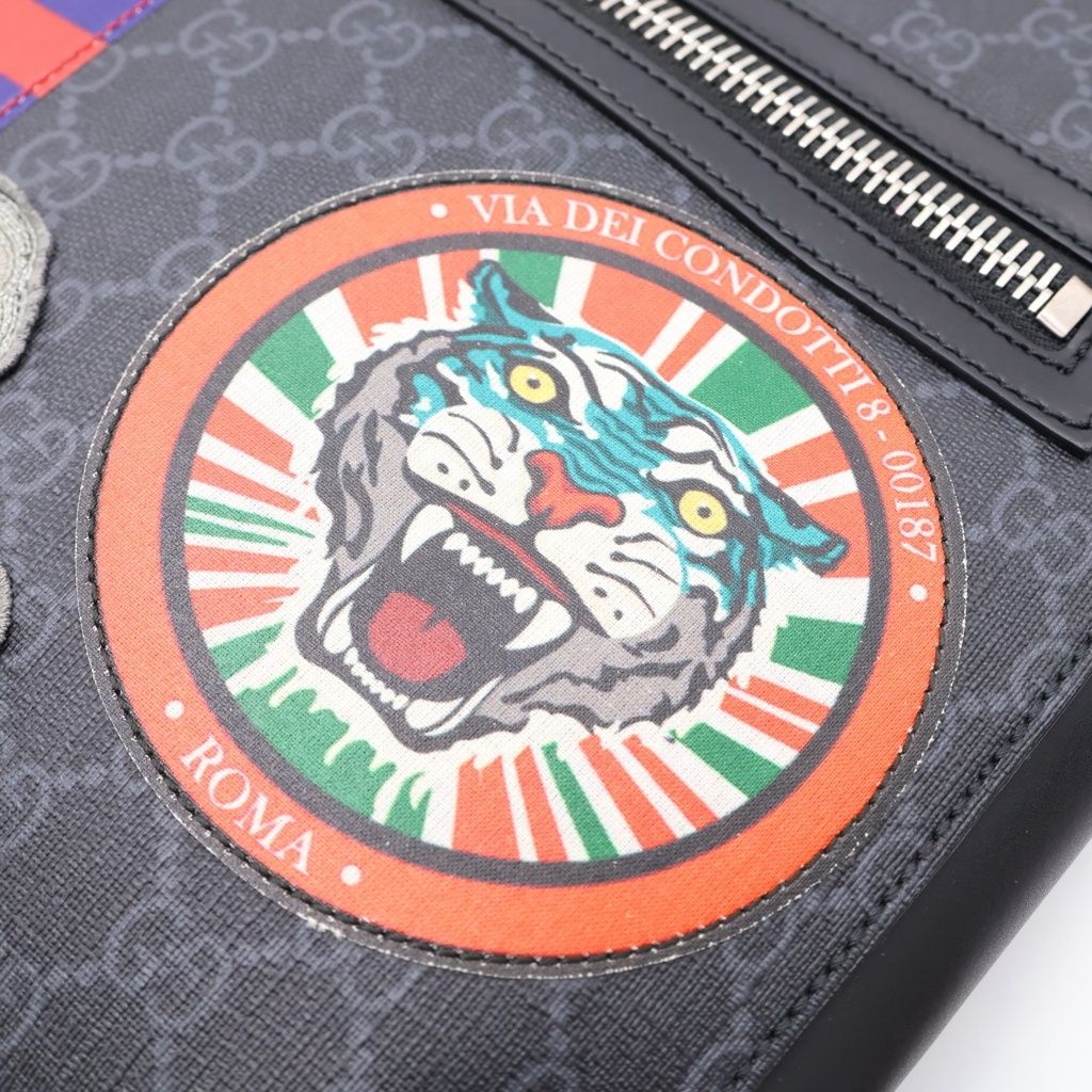 Gucci GG Puri Tiger Patch Messenger Bag Black Canvas Leather Silver — view 7