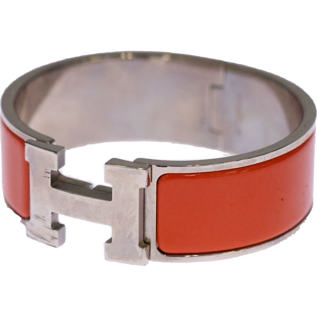 Hermes Clic Clac GM Enamel Bracelet Bangle Silver Orange
