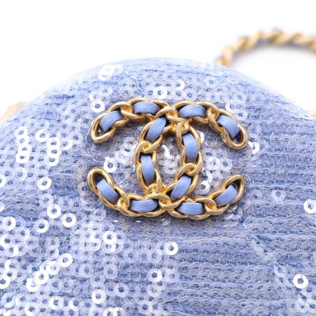Chanel 19 Spangle Round Chain Shoulder Back Lightblue Stand — view 6