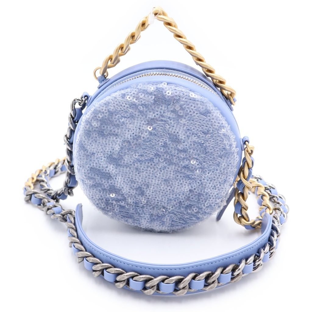 Chanel 19 Spangle Round Chain Shoulder Back Lightblue Stand — view 2