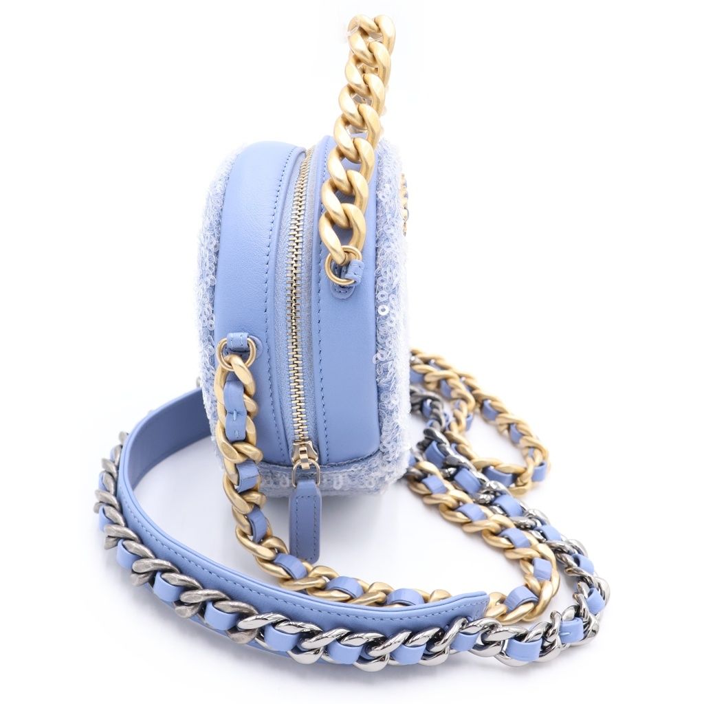 Chanel 19 Spangle Round Chain Shoulder Back Lightblue Stand — view 3