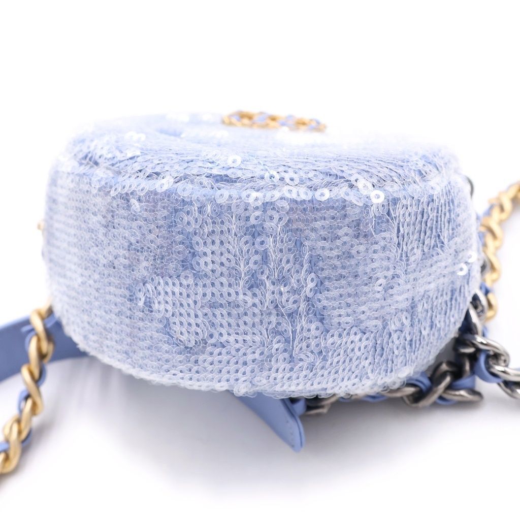 Chanel 19 Spangle Round Chain Shoulder Back Lightblue Stand — view 4