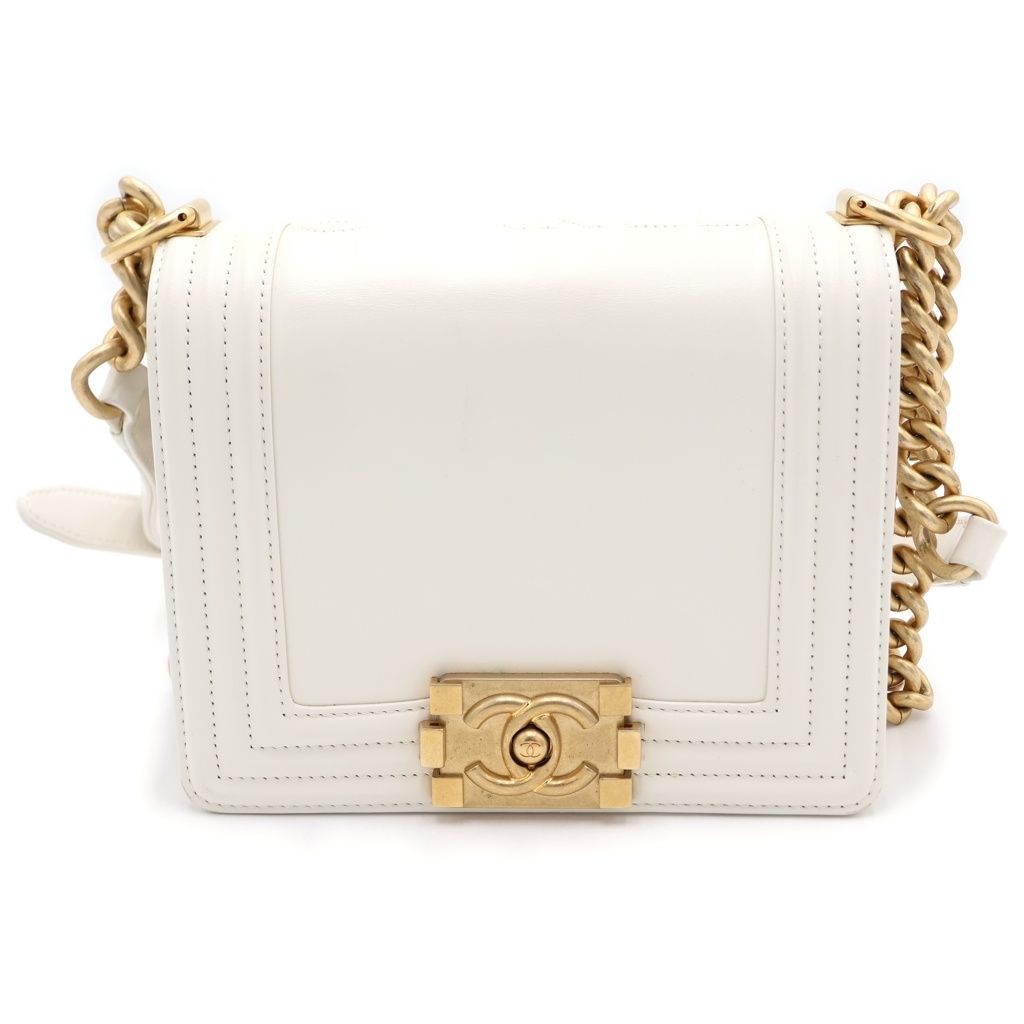 Chanel Boy Lambskin Chain Shoulder Bag Gold White