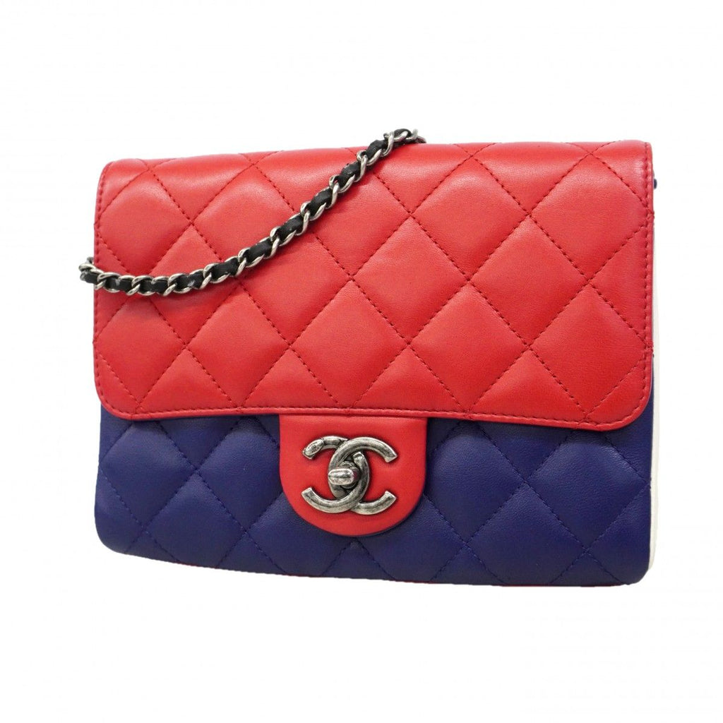 Chanel Shoulder Bag Quilted Lambskin Navy Pink Silver