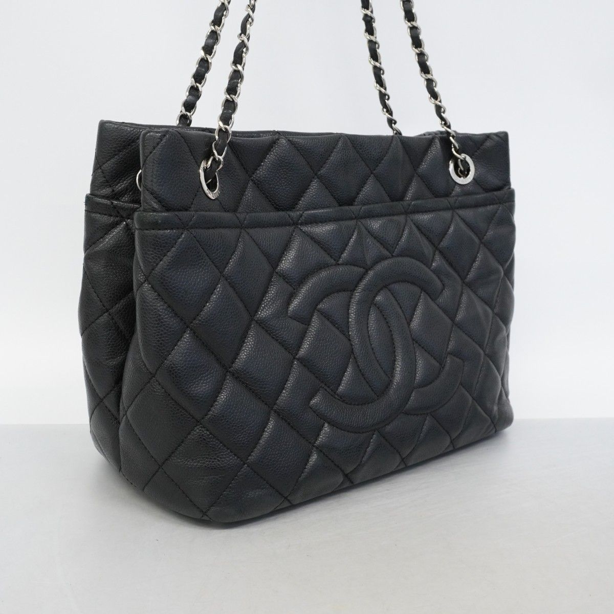Chanel Chain Tote Quilted Caviar Leather Black Silver — view 2