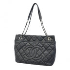 Chanel Chain Tote Quilted Caviar Leather Black Silver