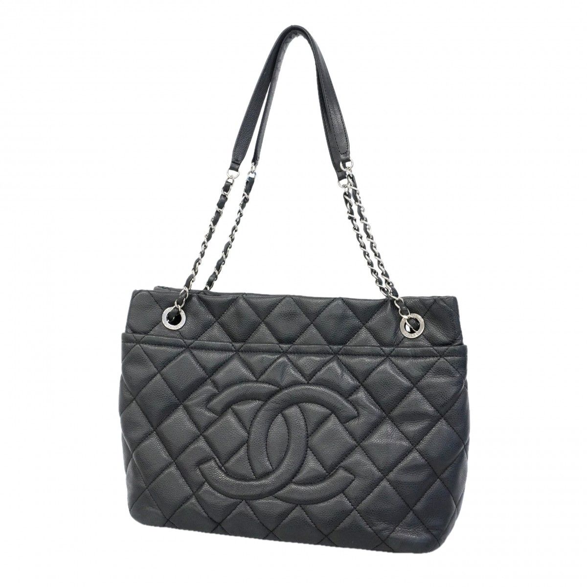 Chanel Chain Tote Quilted Caviar Leather Black Silver