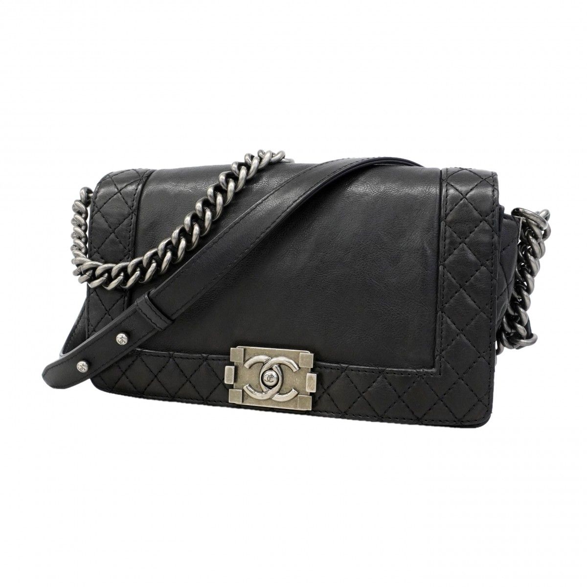Chanel Shoulder Bag Boy Calf Black Silver