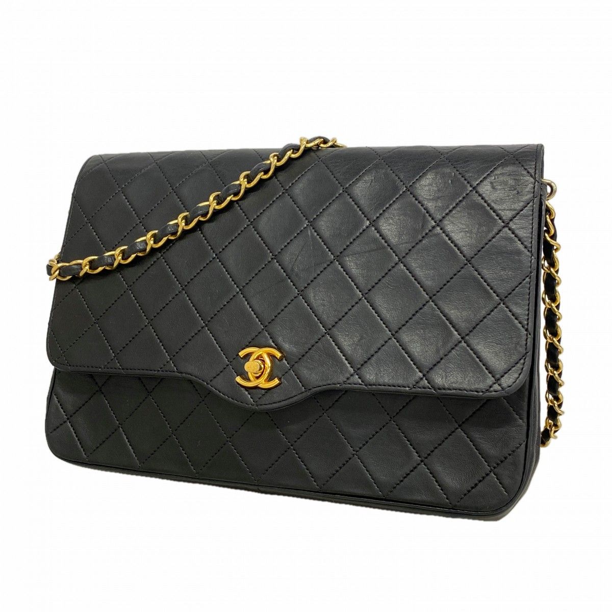 Chanel Shoulder Bag Quilted Lambskin Black Gold