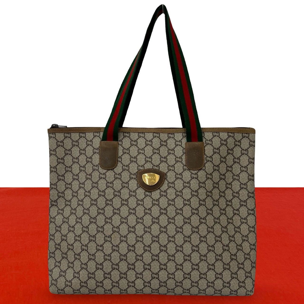Gucci Vintage Sherry Line Plus Logo Leather Tote Brown