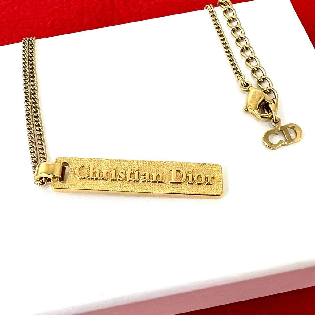 Dior Vintage Logo Plate Rhinestone Necklace Gold