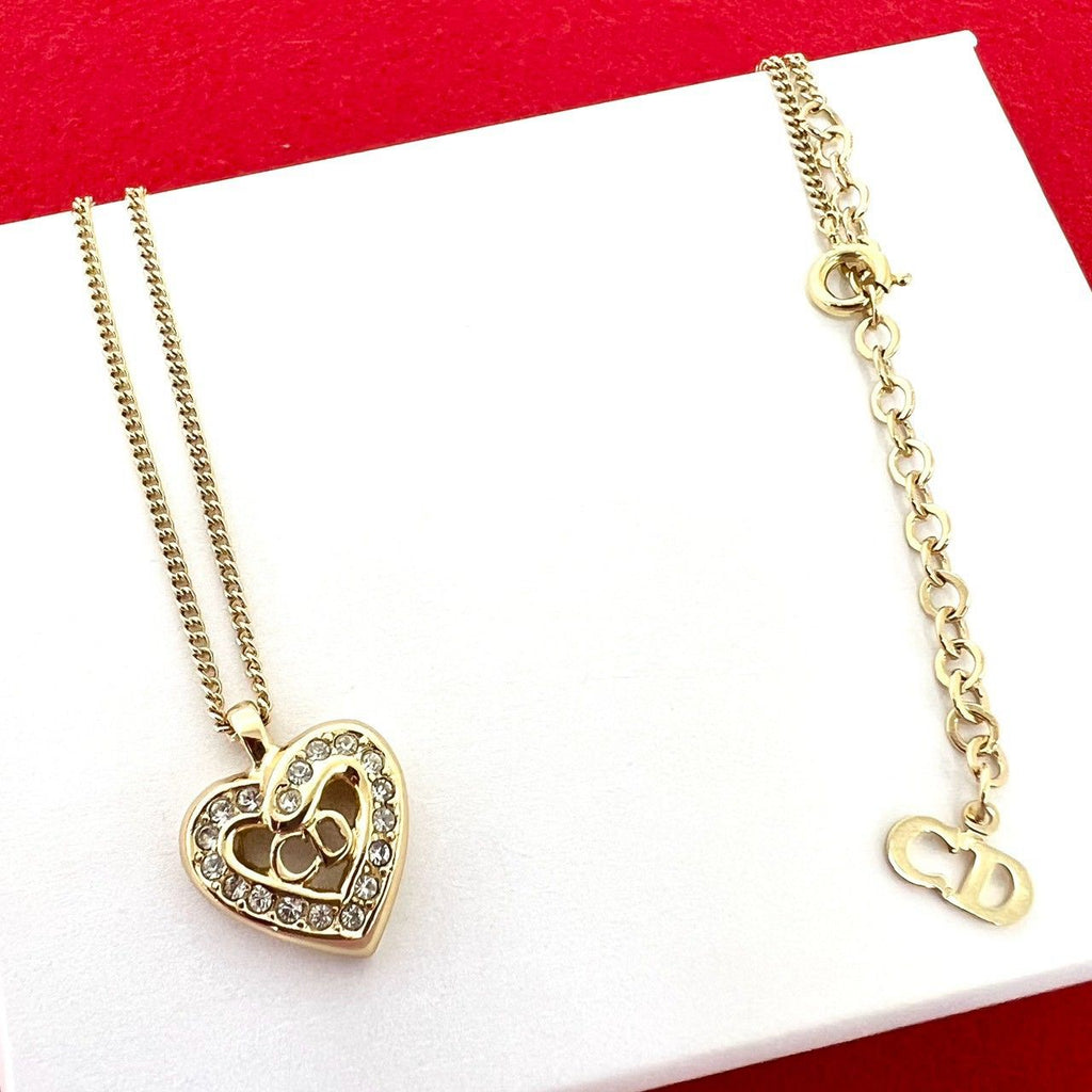 Dior CD Logo Heart Motif Rhinestone Pendant Gold