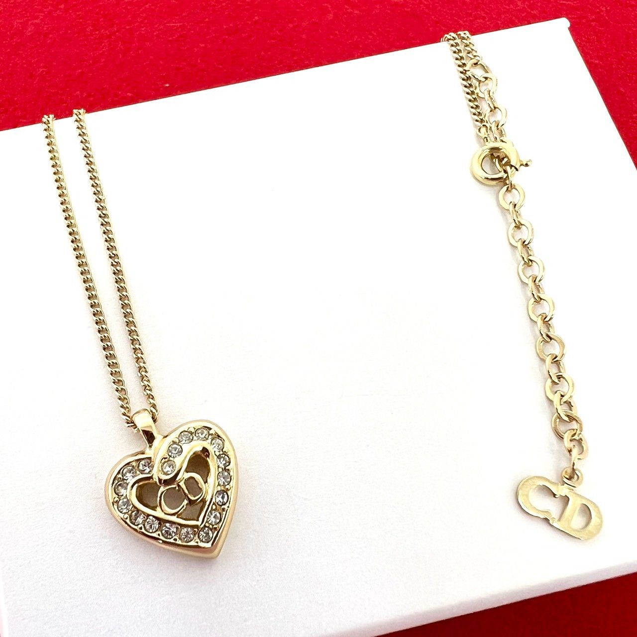 Dior CD Logo Heart Motif Rhinestone Pendant Gold