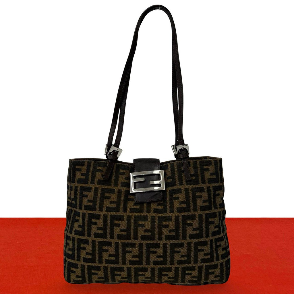 Fendi Vintage Zucca FF Pattern Canvas Leather Tote Shoulder Bag Brown