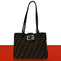 Fendi Vintage Zucca FF Pattern Canvas Leather Tote Shoulder Bag Brown