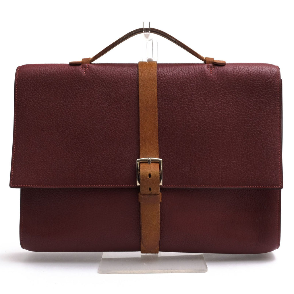 Hermes Briefcase Business Leather Red Brown Etriviere Grained Vache Liegee Cles