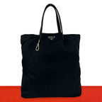 Prada Triangle Logo Plate Nylon Leather Tote Black