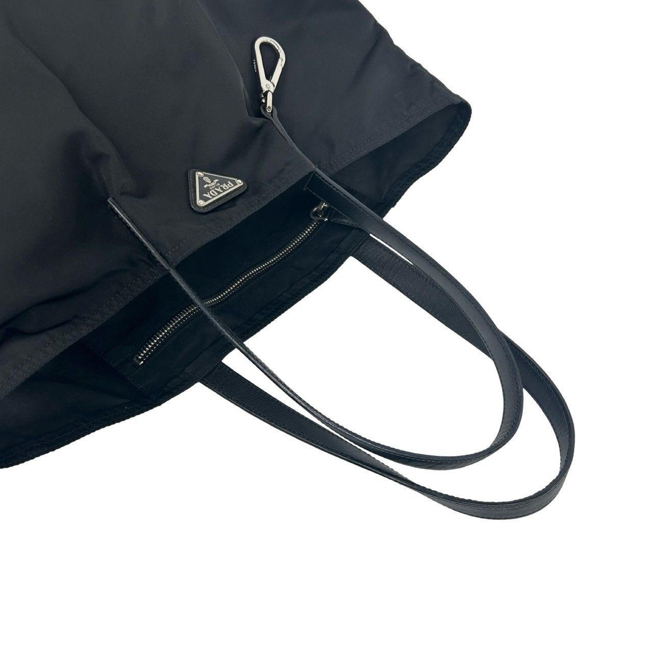 Prada Triangle Logo Plate Nylon Leather Tote Black — view 4