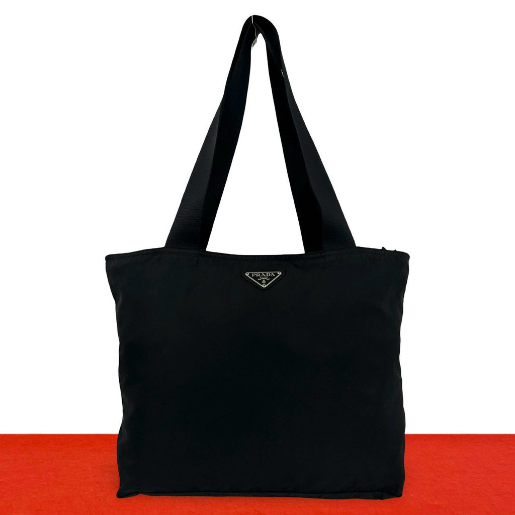 Prada Triangle Nylon Leather Tote Shoulder Bag Black