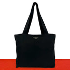 Prada Triangle Nylon Leather Tote Shoulder Bag Black