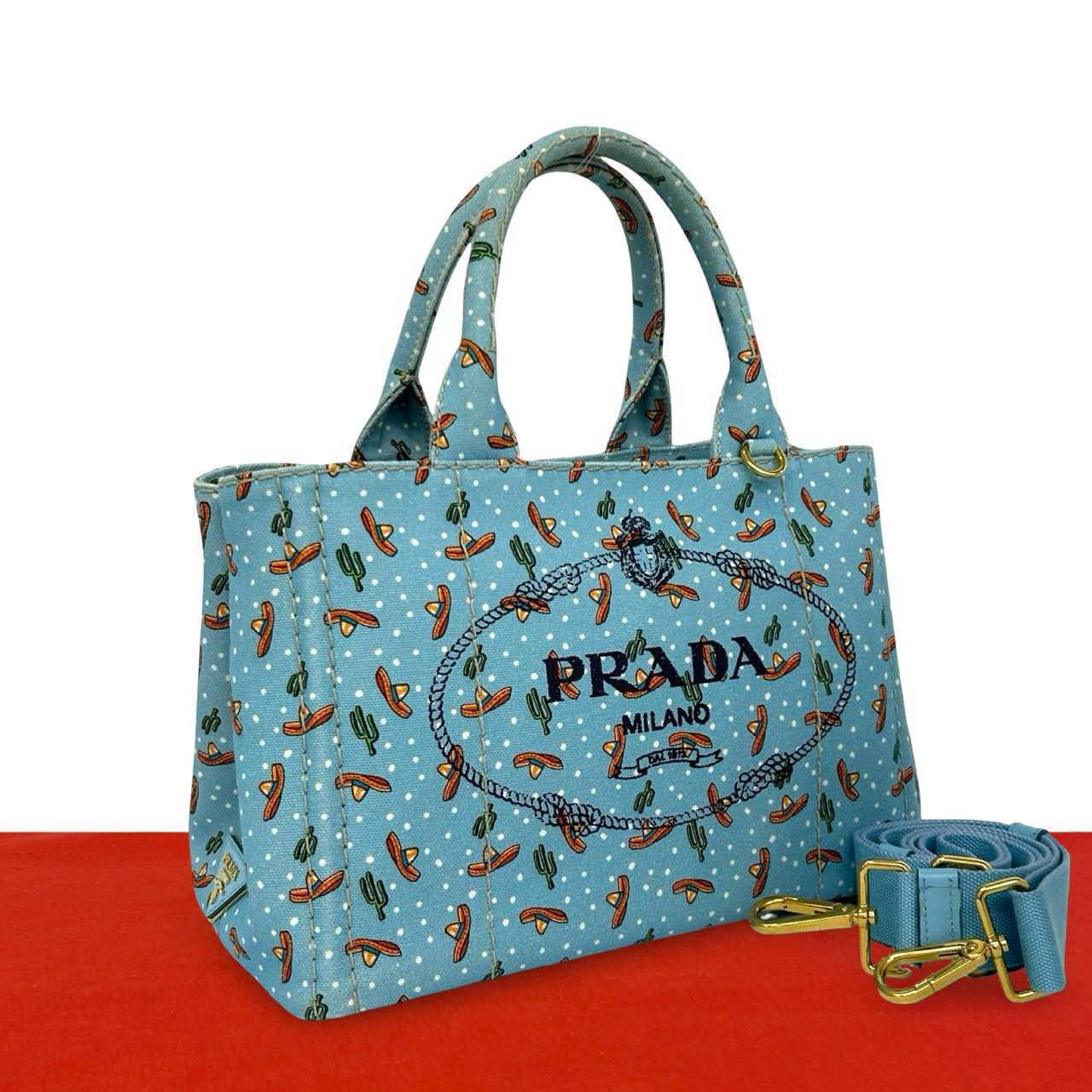 Prada Canapa Canvas 2-Way Shoulder Bag Mini Tote Blue