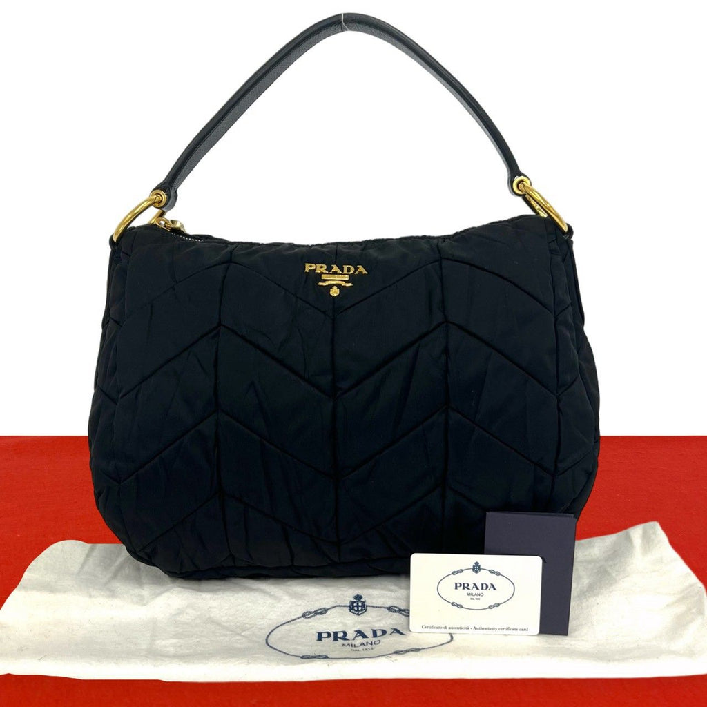 Prada Logo Nylon Tessuto Enamel Leather Shoulder Bag Black