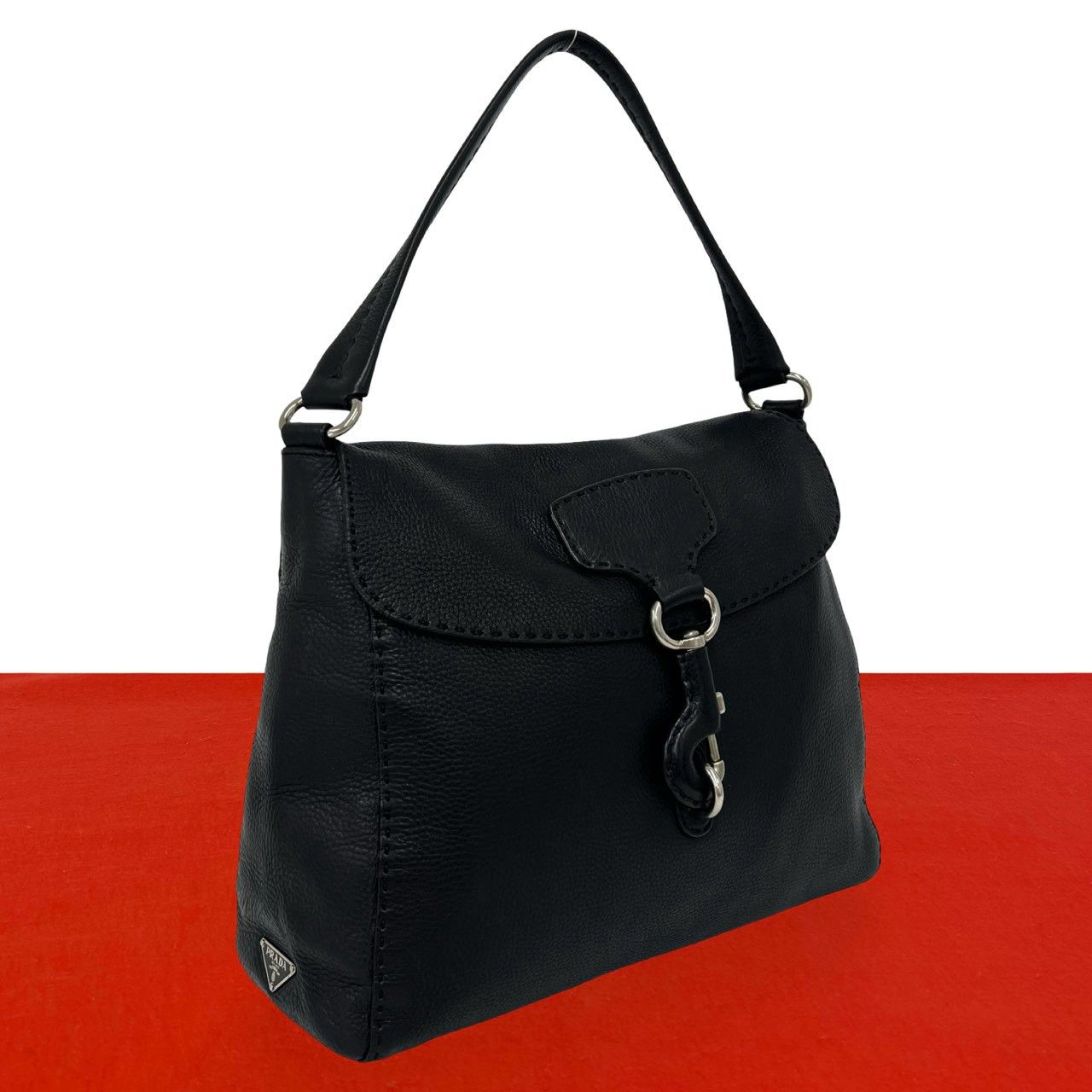 Prada Triangle Logo Leather Shoulder Bag Tote Black