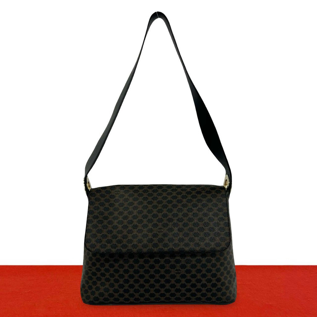 Celine Vintage Macadam Blason Triomphe Pattern Leather Shoulder Bag Black